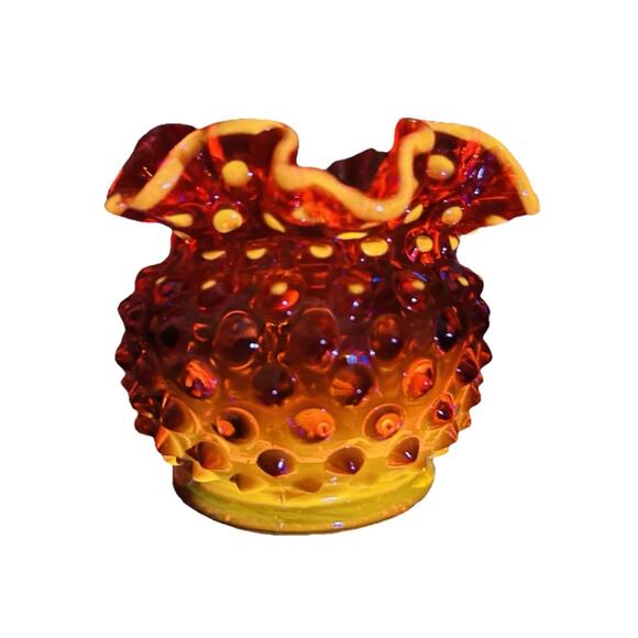 Fenton Glows Amberina Hobnail Small Rose Bowl Ruffle Crimped Orange Glass Vase - Picture 11 of 14